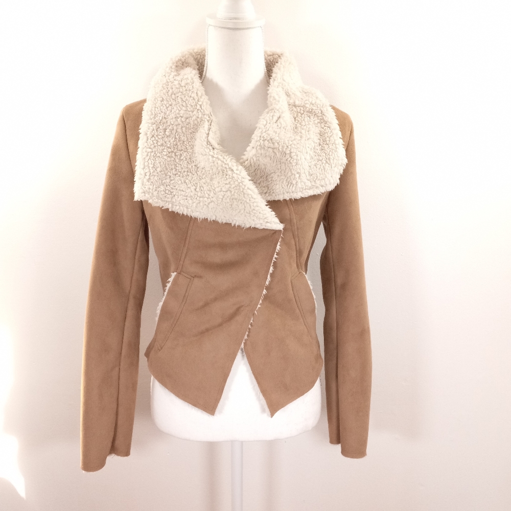 Women’s Tan Faux-Suede Jacket with Cream Sherpa Collar